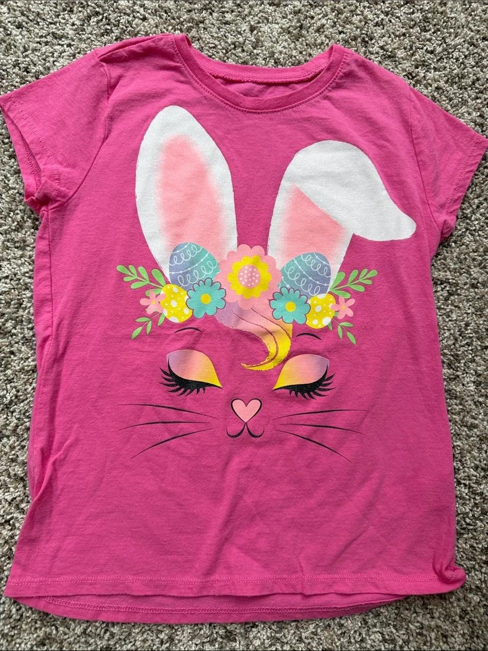 Children's Place Girls' Bright Pink Bunny Graphic Tee with Floral Crown Easter